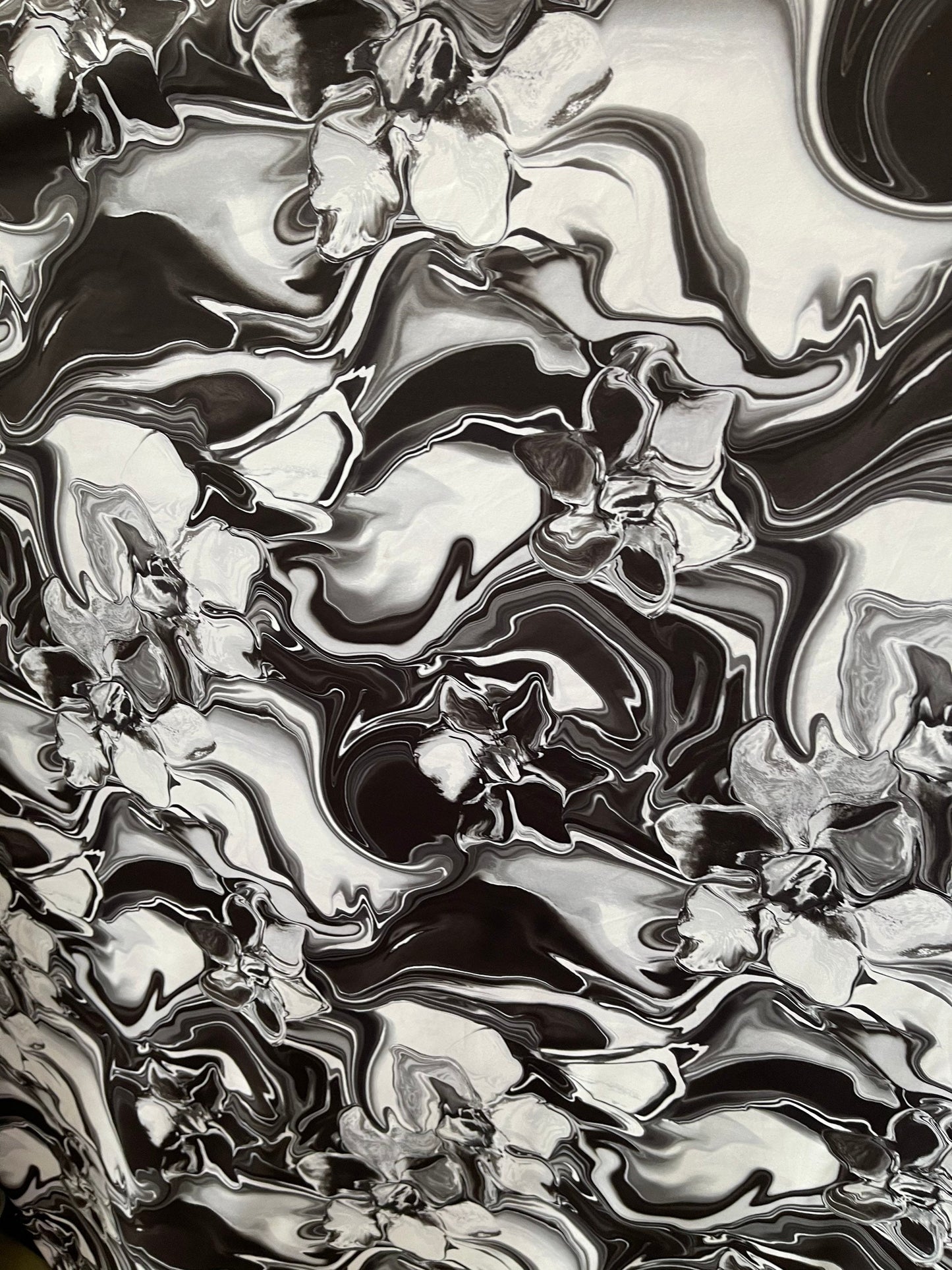New abstract lava design Black/white print on best quality of nylon spandex 4-way stretch 58/60” Sold by the YD. Ships worldwide from L.A CA