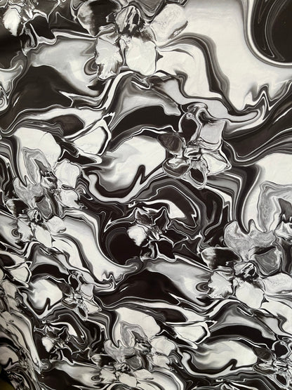 New abstract lava design Black/white print on best quality of nylon spandex 4-way stretch 58/60” Sold by the YD. Ships worldwide from L.A CA
