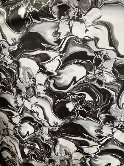 New abstract lava design Black/white print on best quality of nylon spandex 4-way stretch 58/60” Sold by the YD. Ships worldwide from L.A CA