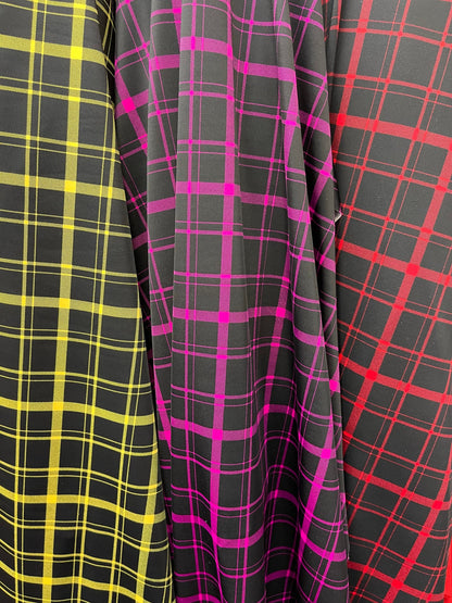 New plaid design print on best quality of nylon spandex 4-way stretch 58/60” Sold by the YD. Ships Worldwide from Los Angeles California USA