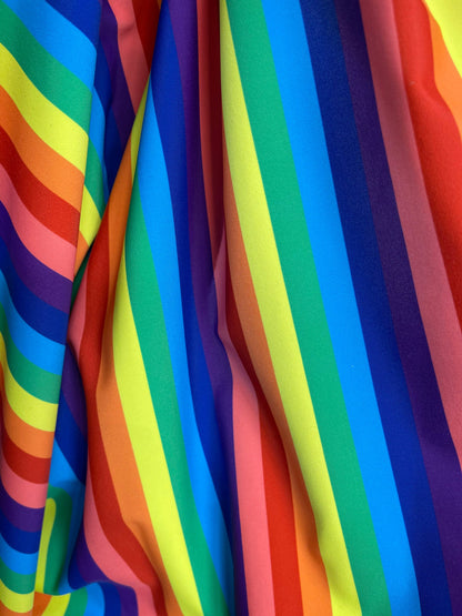 Rainbow stripes design print on best quality of nylon spandex 4-way stretch 58/60” Sold by the YD. Ships Worldwide from Los Ángeles cali USA