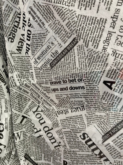 Newspaper design print on great quality of power mesh 4-way stretch 58/60” Sold by the YD. Ships Worldwide from Los Angeles California USA.