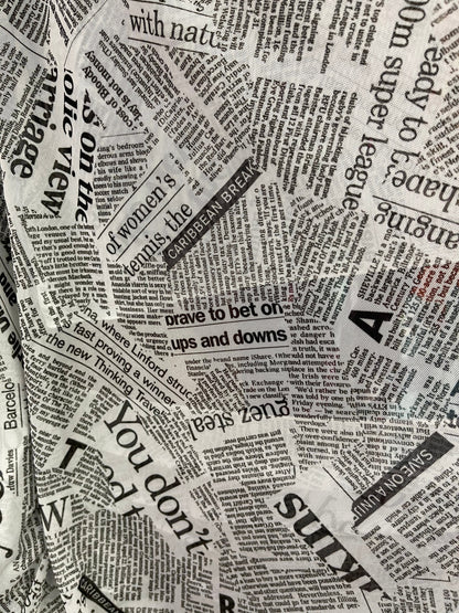 Newspaper design print on great quality of power mesh 4-way stretch 58/60” Sold by the YD. Ships Worldwide from Los Angeles California USA.