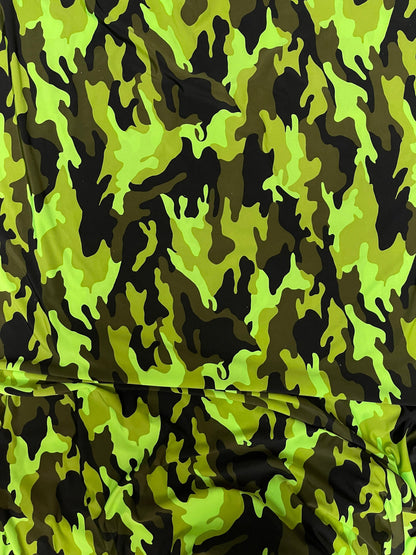 Camouflage design neon colors print on poly spandex 4-way stretch 58/60” Sold by the YD. Ships Worldwide from Los Ángeles California USA.