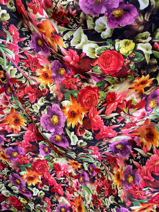 Flower design multicolor print on Poly super techno 2-way stretch 58/60” Sold by the YD. Ships Worldwide from Los Angeles CA USA.