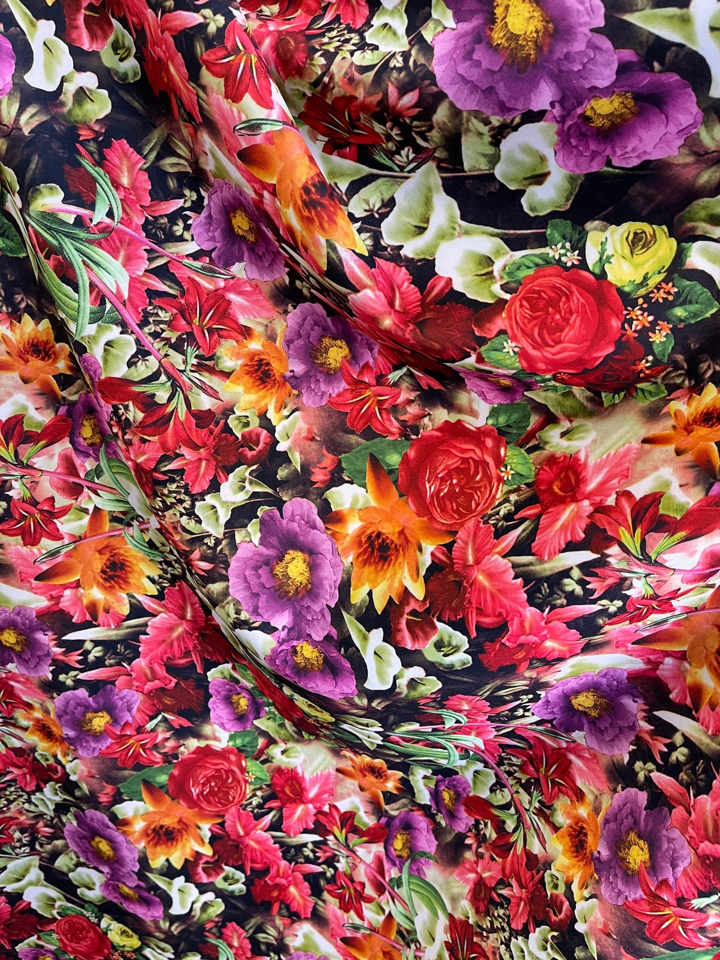 Flower design multicolor print on Poly super techno 2-way stretch 58/60” Sold by the YD. Ships Worldwide from Los Angeles CA USA.