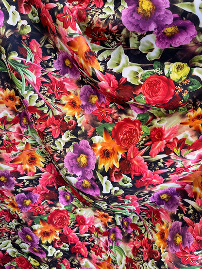 Flower design multicolor print on Poly super techno 2-way stretch 58/60” Sold by the YD. Ships Worldwide from Los Angeles CA USA.