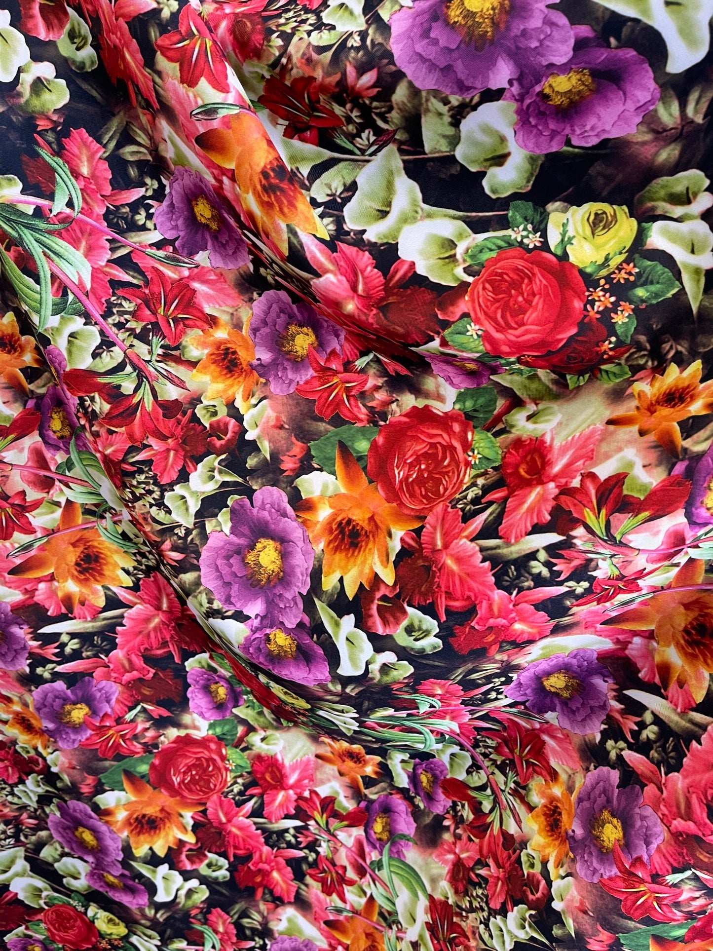 Flower design multicolor print on Poly super techno 2-way stretch 58/60” Sold by the YD. Ships Worldwide from Los Angeles CA USA.