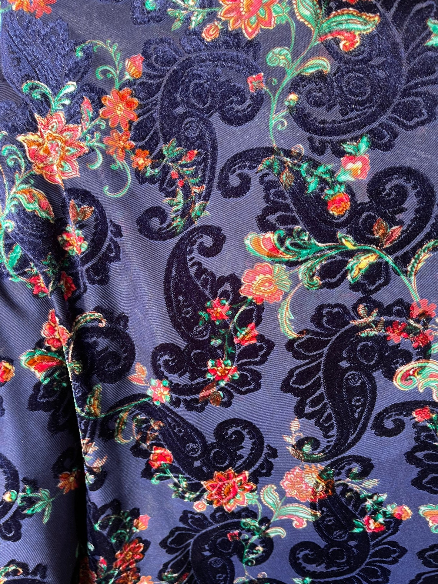 New Luxury burnout velvet paisley design Midnight blue 4-way stretch 58/60” Sold by the YD. Ships Worldwide from Los Angeles California USA