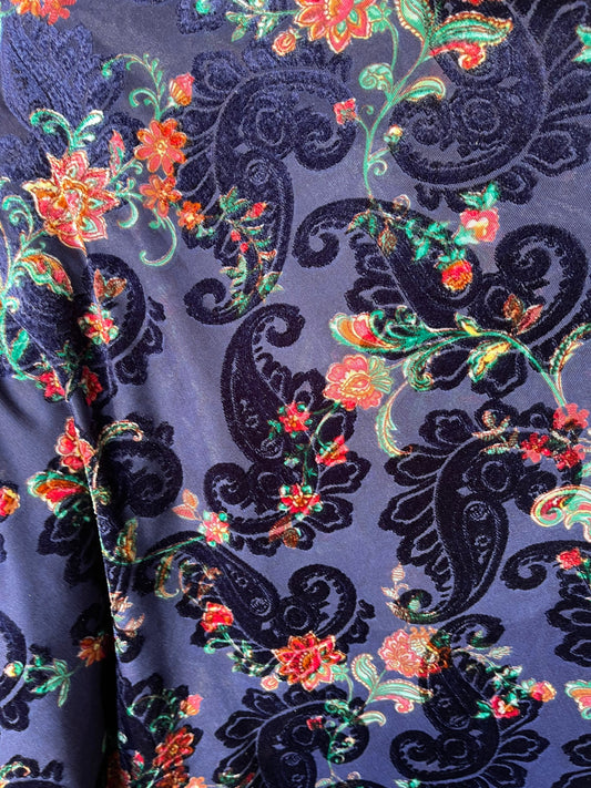 New Luxury burnout velvet paisley design Midnight blue 4-way stretch 58/60” Sold by the YD. Ships Worldwide from Los Angeles California USA