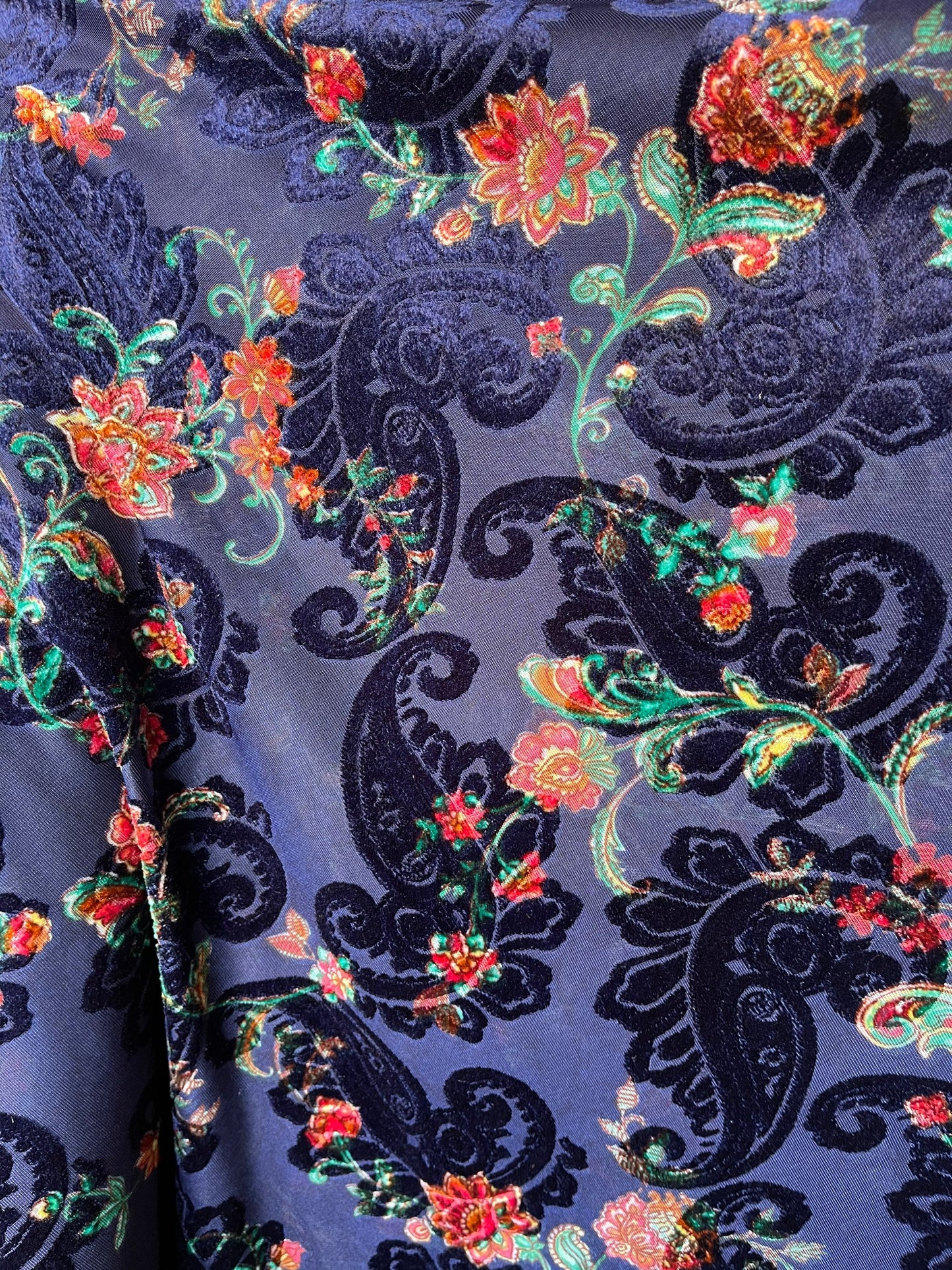 New Luxury burnout velvet paisley design Midnight blue 4-way stretch 58/60” Sold by the YD. Ships Worldwide from Los Angeles California USA