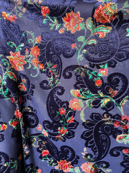 New Luxury burnout velvet paisley design Midnight blue 4-way stretch 58/60” Sold by the YD. Ships Worldwide from Los Angeles California USA