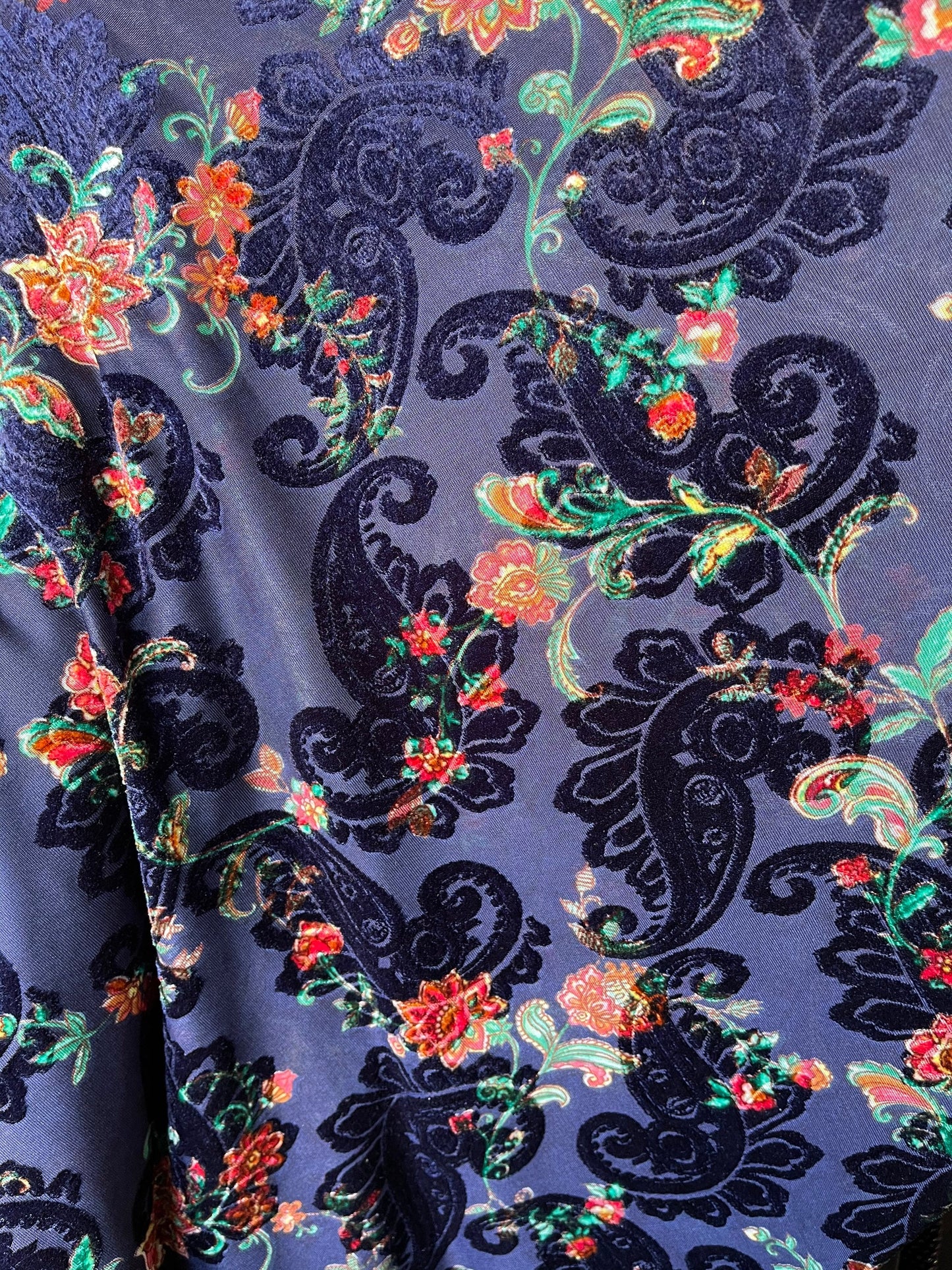 New Luxury burnout velvet paisley design Midnight blue 4-way stretch 58/60” Sold by the YD. Ships Worldwide from Los Angeles California USA