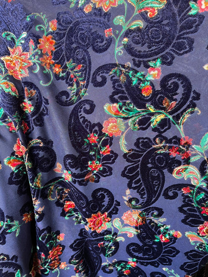 New Luxury burnout velvet paisley design Midnight blue 4-way stretch 58/60” Sold by the YD. Ships Worldwide from Los Angeles California USA
