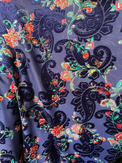 New Luxury burnout velvet paisley design Midnight blue 4-way stretch 58/60” Sold by the YD. Ships Worldwide from Los Angeles California USA