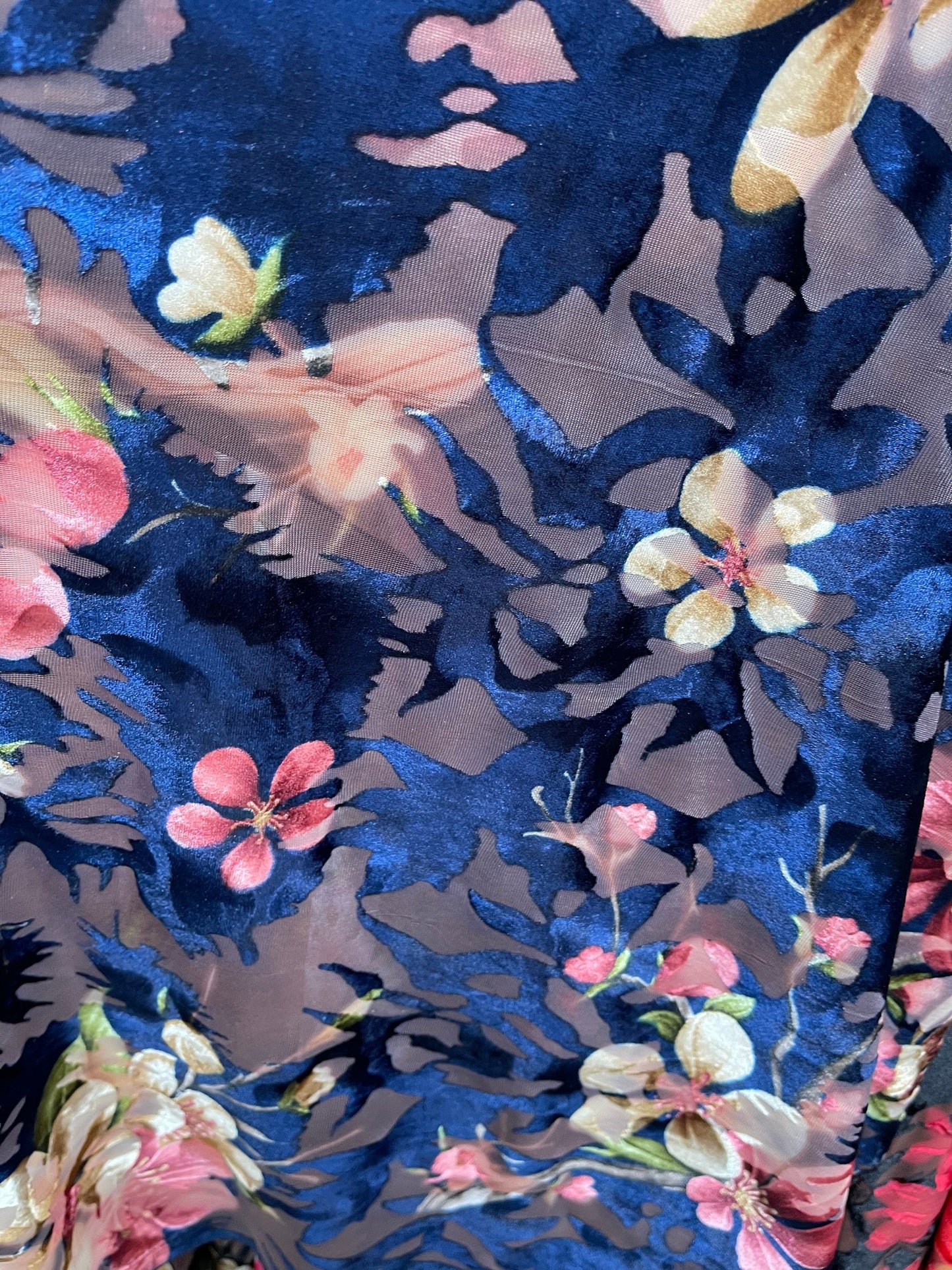New Luxury burnout velvet flower design sapphire/multi 4-way stretch 54/55” Sold by the YD. Ships Worldwide from Los Angeles California USA.