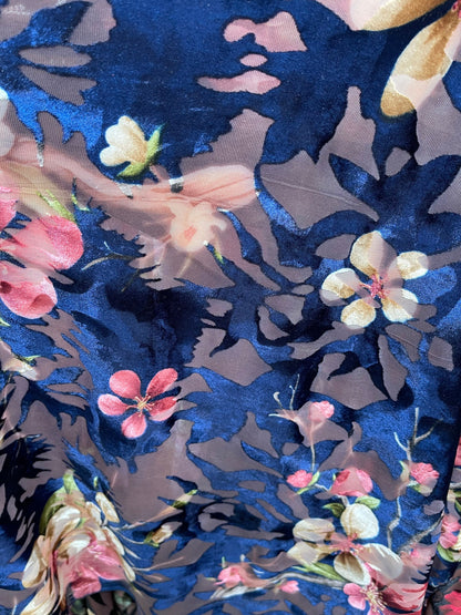 New Luxury burnout velvet flower design sapphire/multi 4-way stretch 54/55” Sold by the YD. Ships Worldwide from Los Angeles California USA.