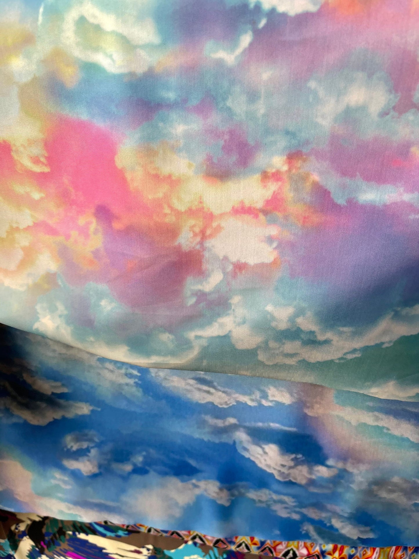 Celestial clouds design print on best quality of nylon spandex 4-way stretch 58/60” Sold by the YD. Ships Worldwide from Los Angeles cali