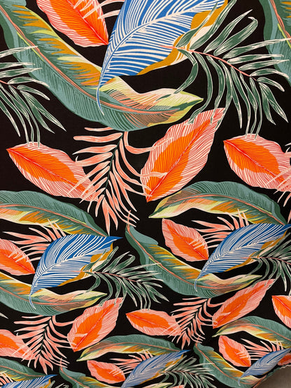 New tropical leaf design print on spandex poly techno 2-way stretch 58/60” Sold by the YD. Ships Worldwide from Los Angeles California USA.