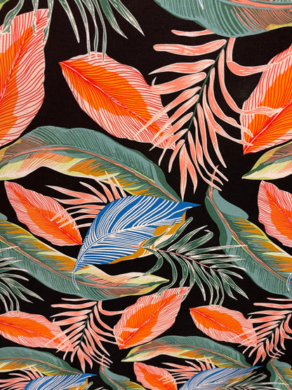 New tropical leaf design print on spandex poly techno 2-way stretch 58/60” Sold by the YD. Ships Worldwide from Los Angeles California USA.