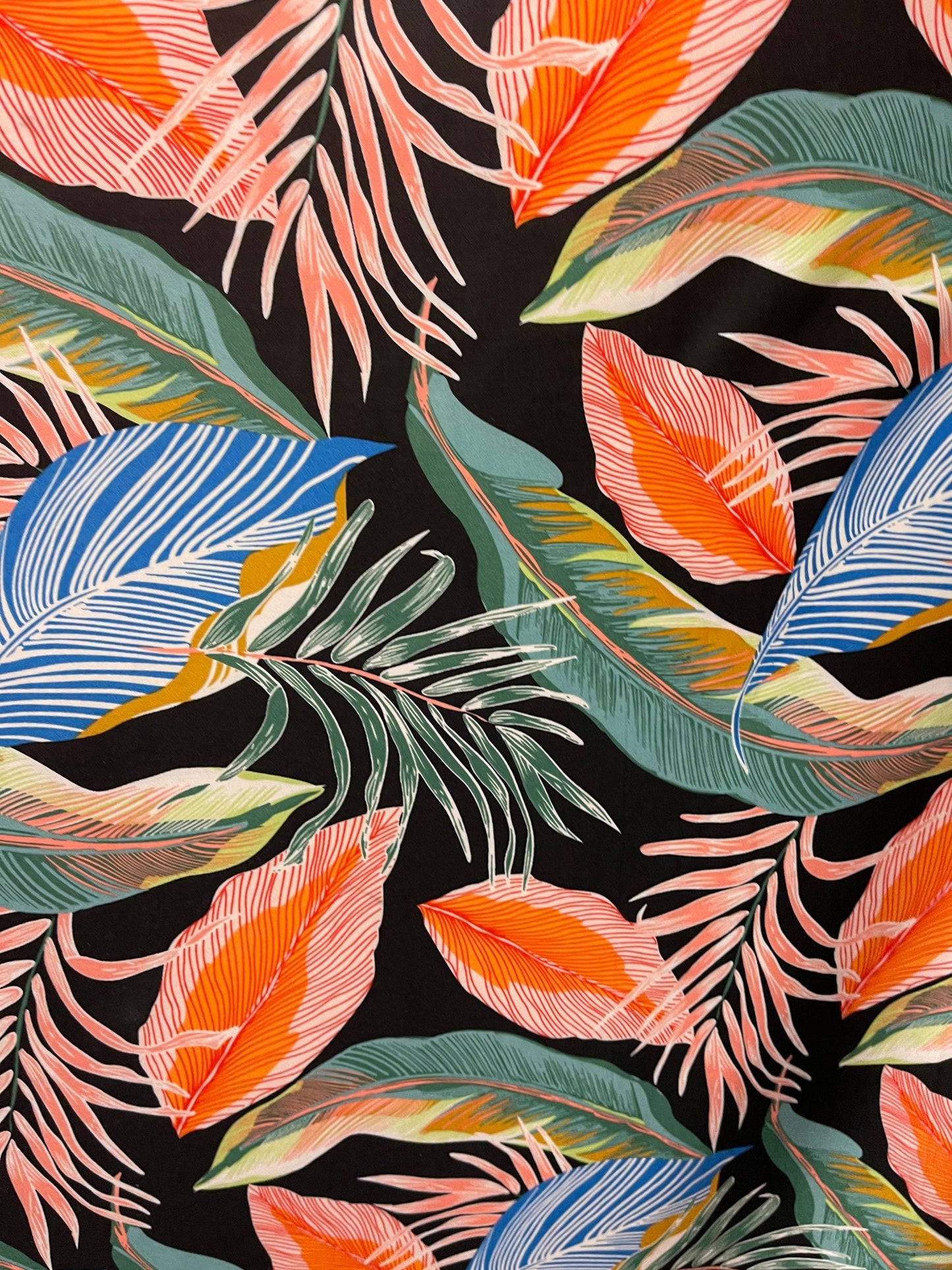New tropical leaf design print on spandex poly techno 2-way stretch 58/60” Sold by the YD. Ships Worldwide from Los Angeles California USA.
