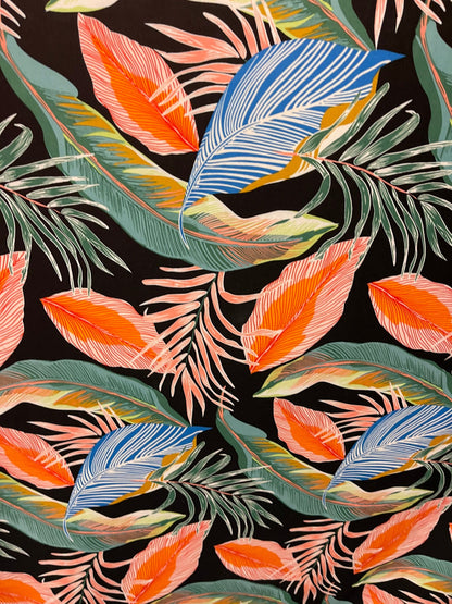 New tropical leaf design print on spandex poly techno 2-way stretch 58/60” Sold by the YD. Ships Worldwide from Los Angeles California USA.