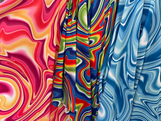 New Modern abstract lava design multicolor print on best quality of nylon spandex 4-way stretch 58/60” Sold by the YD. Ships Worldwide