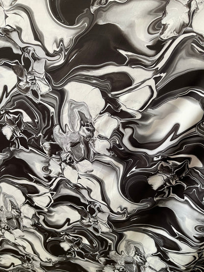 New abstract lava design Black/white print on best quality of nylon spandex 4-way stretch 58/60” Sold by the YD. Ships worldwide from L.A CA