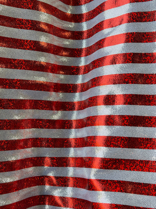 Stripes design Freedom American stripes metallic nylon spandex with foggy foil 4-way stretch 58/60” Sold by the YD. Ships Worldwide