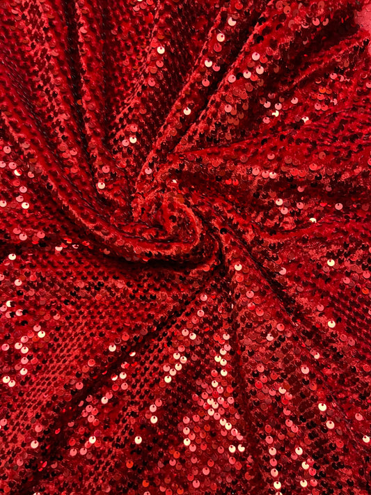 Luxury red sequins embroidered on great quality of stretch velvet 4-way stretch 58/60” Sold by the YD. Ships Worldwide from Los Angeles cali