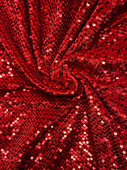 Luxury red sequins embroidered on great quality of stretch velvet 4-way stretch 58/60” Sold by the YD. Ships Worldwide from Los Angeles cali