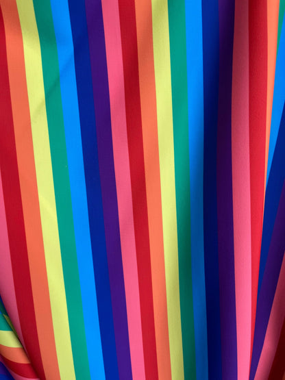 Rainbow stripes design print on best quality of nylon spandex 4-way stretch 58/60” Sold by the YD. Ships Worldwide from Los Ángeles cali USA