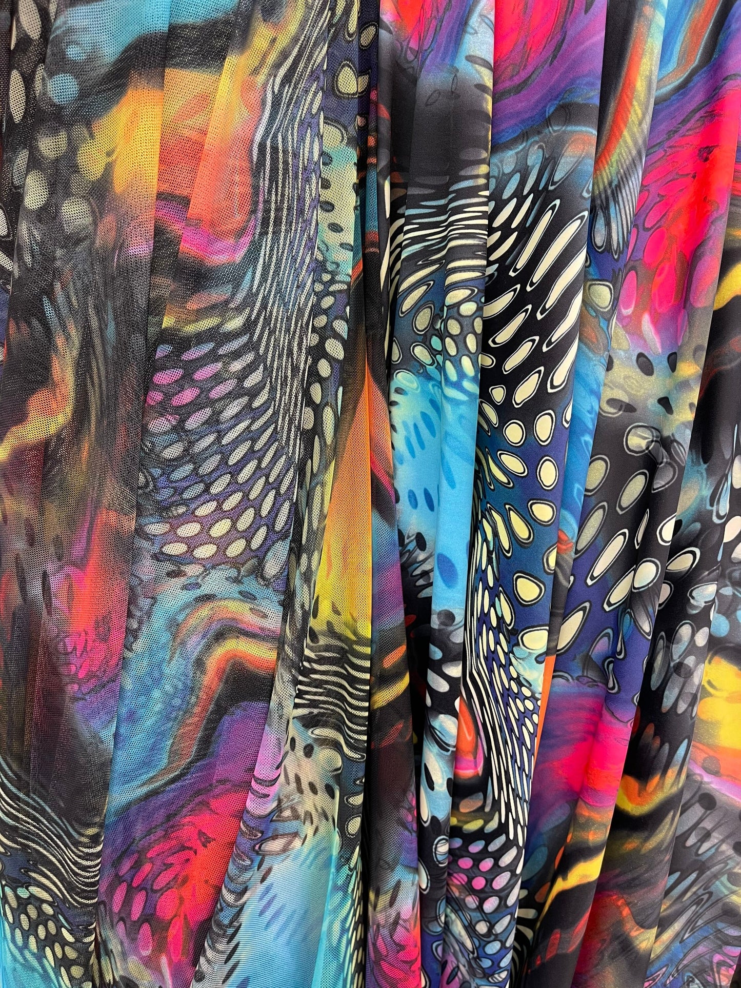 Safari design multi animal print on best quality of nylon spandex and power mesh spandex 4-way stretch 58/60”. Sold by the YD.