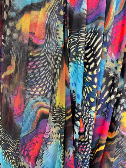 Safari design multi animal print on best quality of nylon spandex and power mesh spandex 4-way stretch 58/60”. Sold by the YD.