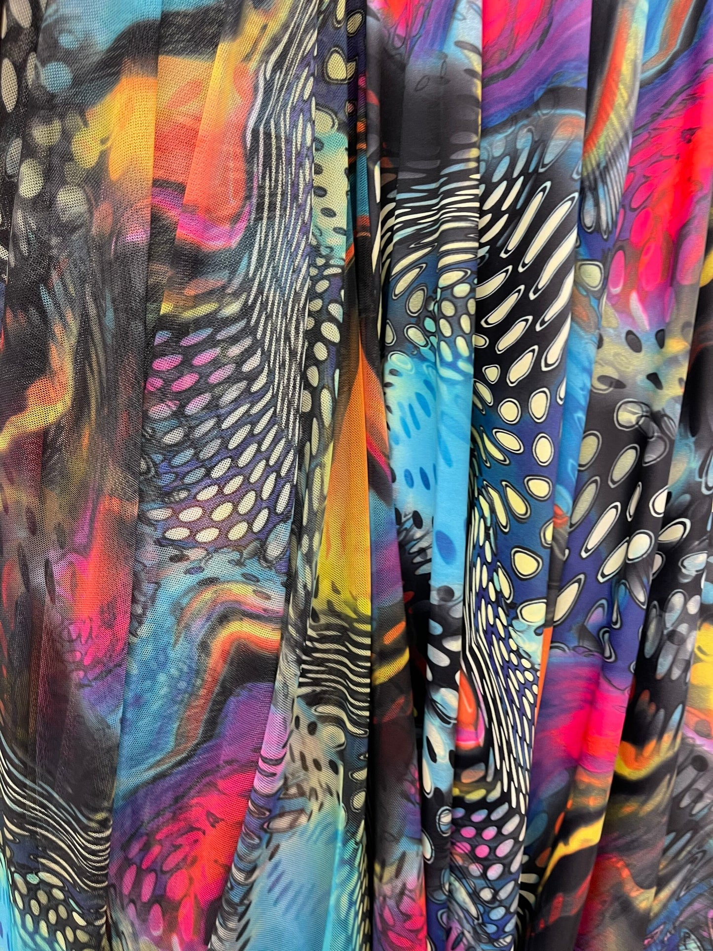 Safari design multi animal print on best quality of nylon spandex and power mesh spandex 4-way stretch 58/60”. Sold by the YD.