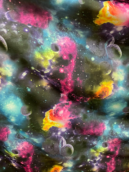 Galaxy design black/multicolor print on poly spandex 4-way stretch 58/60” Sold by the YD. Ships Worldwide from Los Ángeles California USA.