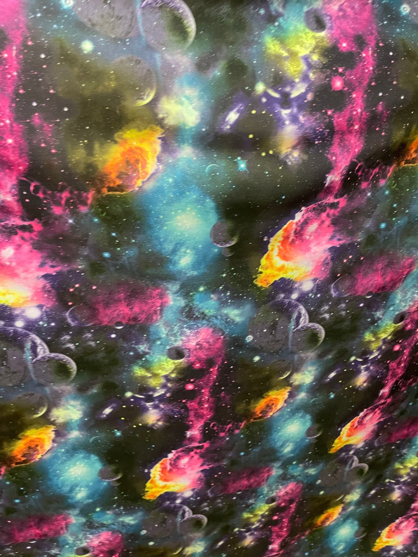 Galaxy design black/multicolor print on poly spandex 4-way stretch 58/60” Sold by the YD. Ships Worldwide from Los Ángeles California USA.