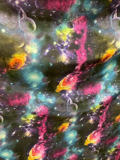 Galaxy design black/multicolor print on poly spandex 4-way stretch 58/60” Sold by the YD. Ships Worldwide from Los Ángeles California USA.