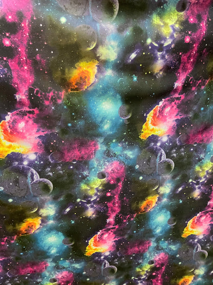 Galaxy design black/multicolor print on poly spandex 4-way stretch 58/60” Sold by the YD. Ships Worldwide from Los Ángeles California USA.