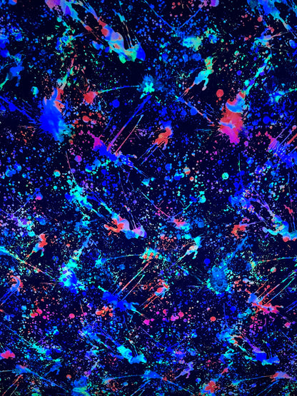 New splatter paint design Black/Multicolor print on nylon  and mesh spandex 4-way stretch 58/60” Sold by the YD