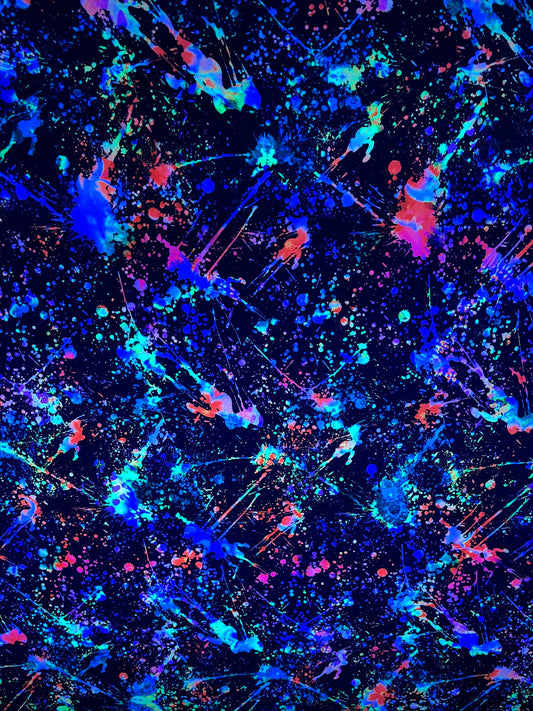 New splatter paint design Black/Multicolor print on nylon  and mesh spandex 4-way stretch 58/60” Sold by the YD
