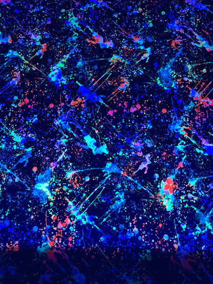 New splatter paint design Black/Multicolor print on nylon  and mesh spandex 4-way stretch 58/60” Sold by the YD