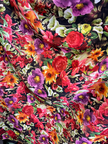 Flower design multicolor print on Poly super techno 2-way stretch 58/60” Sold by the YD. Ships Worldwide from Los Angeles CA USA.