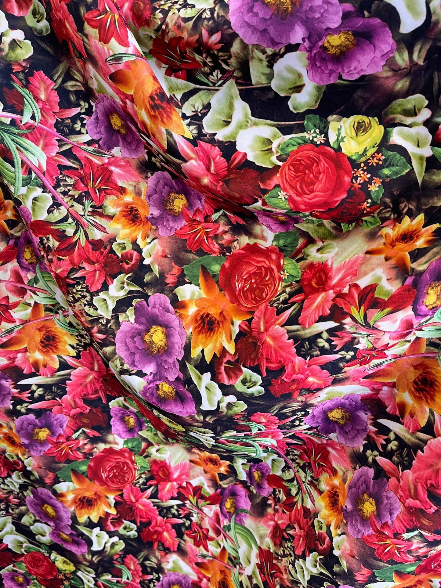 Flower design multicolor print on Poly super techno 2-way stretch 58/60” Sold by the YD. Ships Worldwide from Los Angeles CA USA.