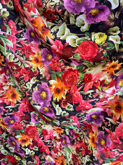 Flower design multicolor print on Poly super techno 2-way stretch 58/60” Sold by the YD. Ships Worldwide from Los Angeles CA USA.