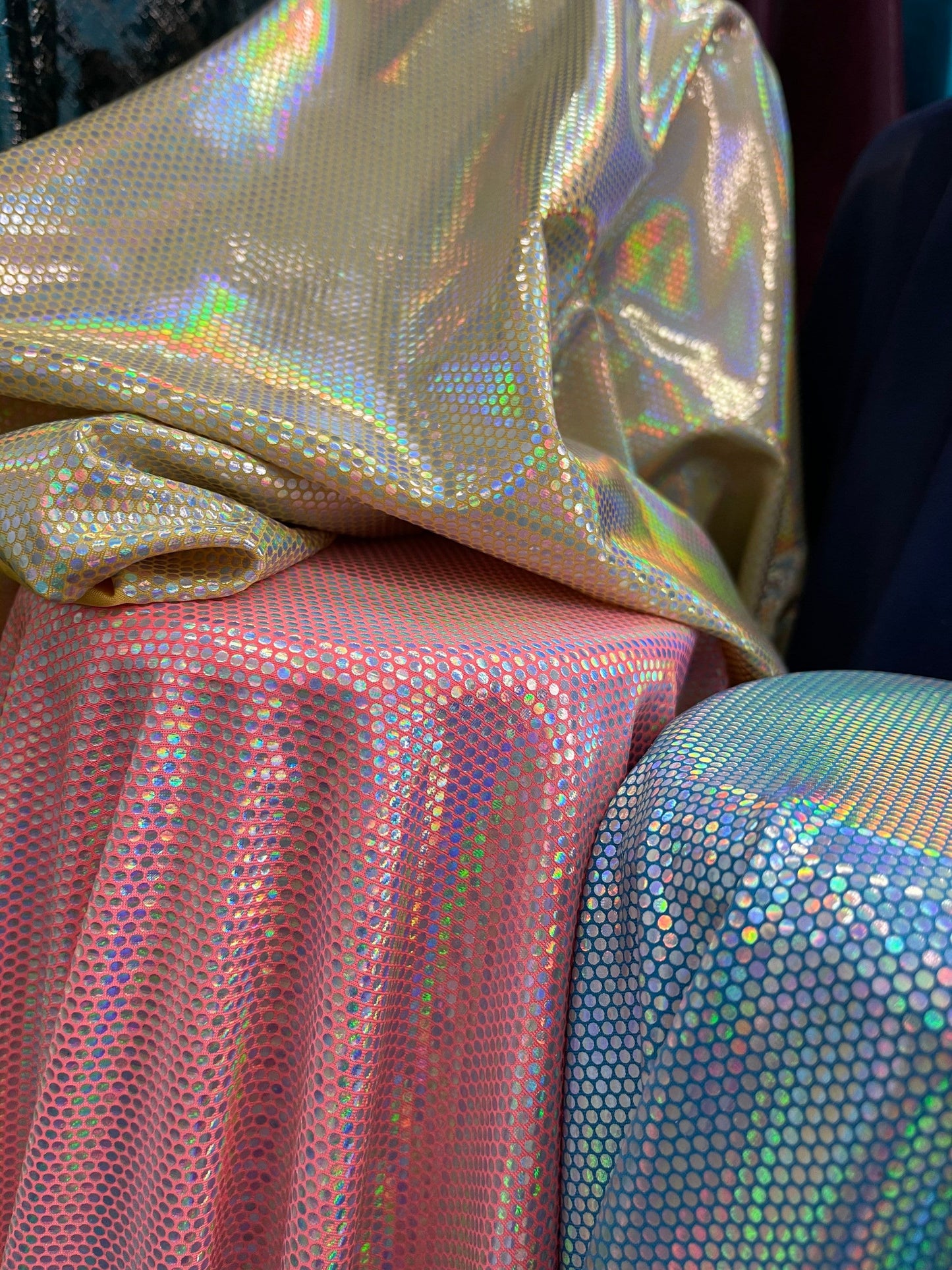 New Honeycomb design iridescent metallic nylon spandex 4-way stretch 58/60” Sold by the YD. Ships Worldwide from Los Angeles California USA.