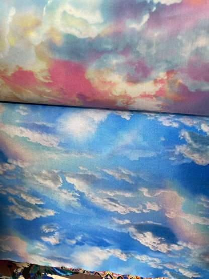 Celestial clouds design print on best quality of nylon spandex 4-way stretch 58/60” Sold by the YD. Ships Worldwide from Los Angeles cali