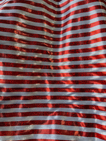 Stripes design Freedom American stripes metallic nylon spandex with foggy foil 4-way stretch 58/60” Sold by the YD. Ships Worldwide