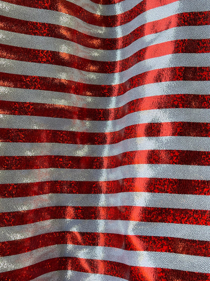 Stripes design Freedom American stripes metallic nylon spandex with foggy foil 4-way stretch 58/60” Sold by the YD. Ships Worldwide