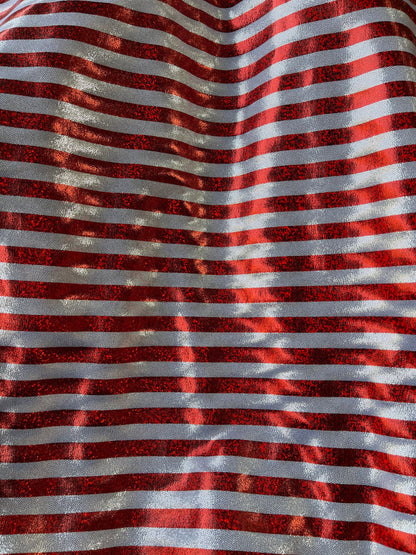 Stripes design Freedom American stripes metallic nylon spandex with foggy foil 4-way stretch 58/60” Sold by the YD. Ships Worldwide